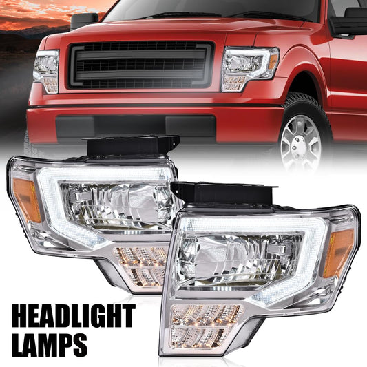 G-PLUS LED Tube Headlights Assemblies Compatible with Ford F150 2009-2014 Headlamps Left Driver & Right Passenger Side Clear Lens Chrome Housing Amber Reflector