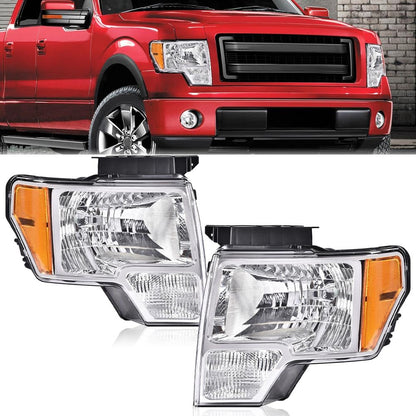 G-PLUS Headlights Assembly Compatible with Ford F150 2009-2014 Pair Left & Right Headlamps Assembly, Clear Lens Chrome Housing Amber Reflector, faros delanteros, DL3Z13008A DL3Z13008B