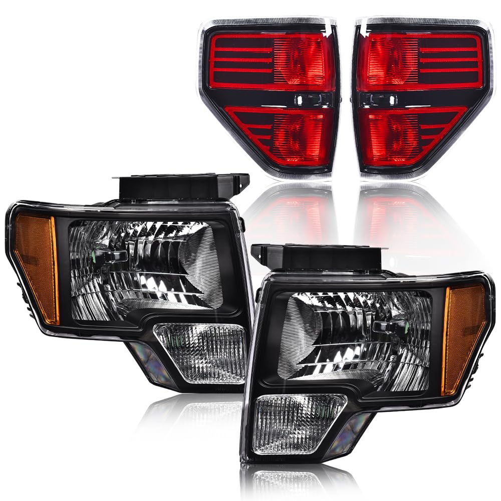 G-PLUS Headlights & Rear Tail Lights Assembly Compatible With 2009-2014 Ford F150(Not Fit Flareside Models),Headlamps & Brake Lamps Black Housing Left+Right 4pcs,faros delanteros