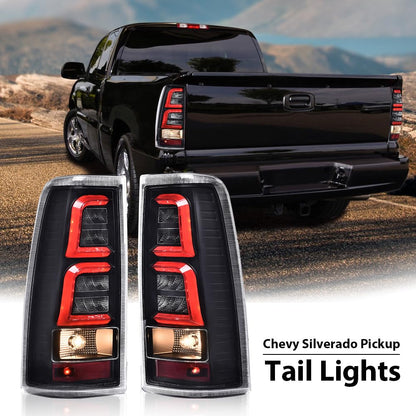 G-PLUS Tail Lights w/Wiring Harness Pair, Compatible with Chevy Silverado 2003-2006 Driver Left Side & Passenger Right Side Tail Lamps, Clear Lens Black Housing with Red light bar GM2800174 GM2801174