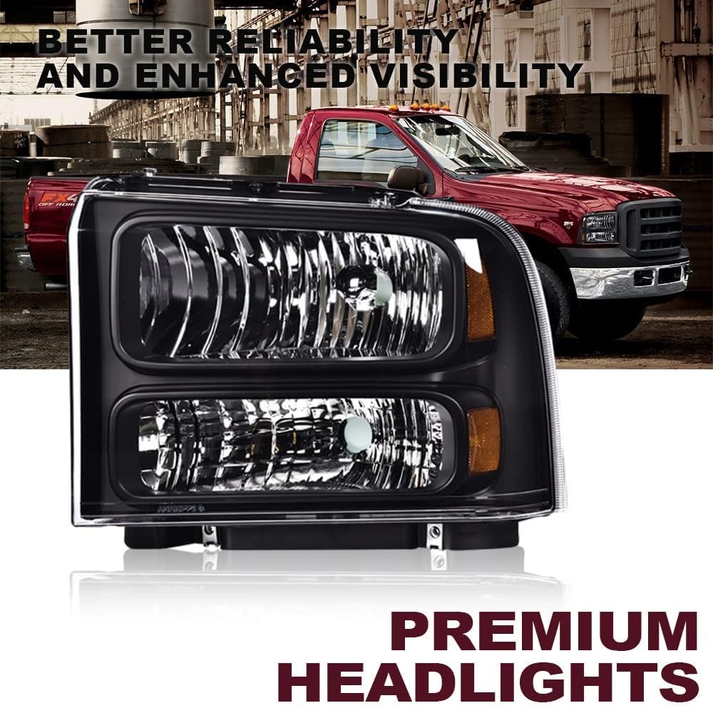 G-PLUS Headlights Assembly, Fit Ford F250 F350 F450 F550 Super Duty 1999-2004/Fit Ford Excursion 2000-2004 Bumper Headlamps, Clear Lens Black Housing Amber Reflector,faros delanteros