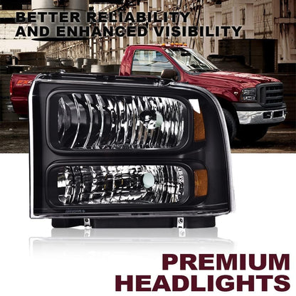 G-PLUS Headlights Assembly, Fit Ford F250 F350 F450 F550 Super Duty 1999-2004/Fit Ford Excursion 2000-2004 Bumper Headlamps, Clear Lens Black Housing Amber Reflector,faros delanteros