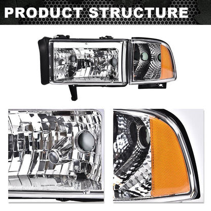 G-PLUS LED Headlights Head Lamps Fit Dodge Ram 1500 1994-2001/Fit Dodge Ram 2500 3500 1994-2002 Left & Right Clear Lens Chrome Housing Amber Reflector Bumper Headlamps w/o Bulbs,faros Assembly