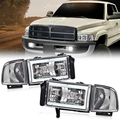 G-PLUS LED Light Strip Headlights w/o Bulbs Fit Dodge Ram 1500 1994-2001/Dodge Ram 2500 3500 1994-2002 w/o Bulbs Clear Lens Chrome Housing Clear Reflector Bumper Headlamps,faros delanteros Assembly