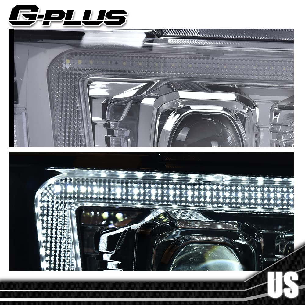 G-PLUS LED Tube Dual Projector Headlights, Compatible with 2007-2014 Chevy Tahoe/Suburban Bumper Headlamps Assembly, Smoky Lens Chrome Housing Clear Reflector,faros delanteros