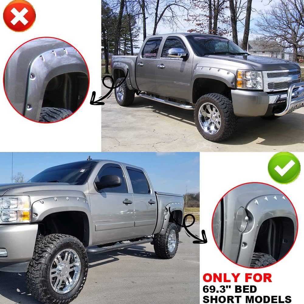 G-PLUS Pocket Rivet Textured Fender Flares 4 PCS Compatible with 2007-2013 Chevy Silverado 1500, Only Fit 5.8' Short Bed Crew Cab (Not Fit 07 Classic Models & GMC Sierra) Wheel Flares Protector Cover