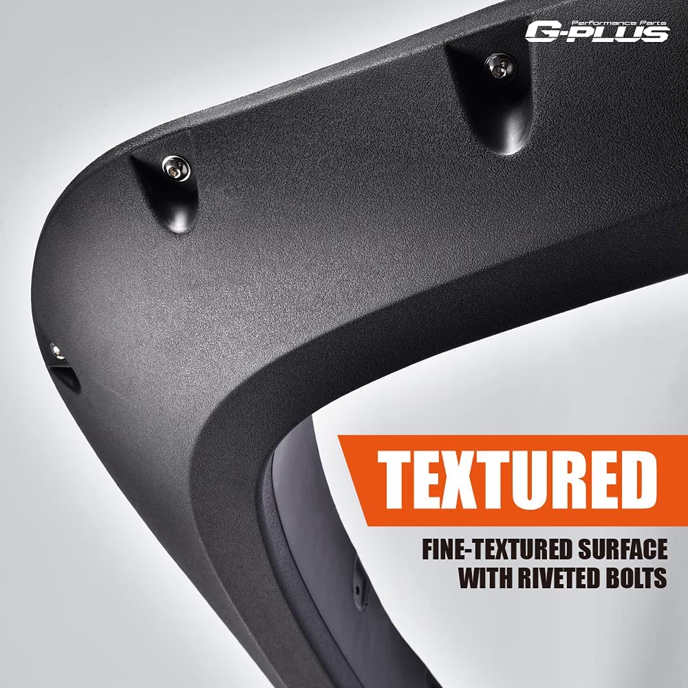 G-PLUS Fender Flares, Compatible with 2014-2018 Chevy Silverado 2500HD/3500HD, (Fit Fleetside with 69.3" Short Bed Crew Cab Models), Textured Black Pocket Rivet Bolt Style Wheel Cover 4pcs