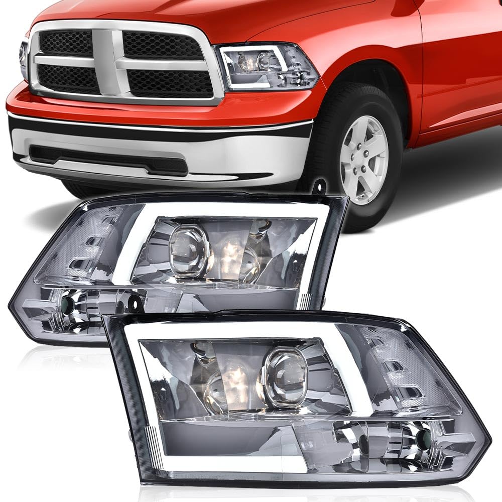 G-PLUS LED DRL Headlights Fit Dodge Ram 1500 2500 3500 2009-2012(New Body), Fit Factory Quad, Clear Lens Chrome Housing Amber Reflector Bumper Headlamps, faros Assembly