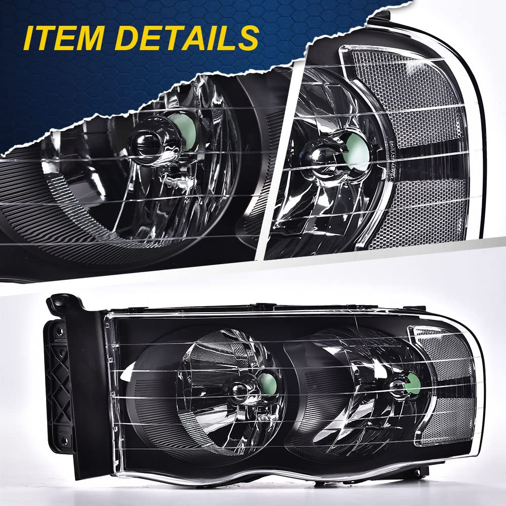 G-PLUS Headlights Assembly, Compatible with 2002 2003 2004 2005 Dodge Ram 1500 2500 3500 bumper Headlamp, Clear lens Black Housing Clear Reflector