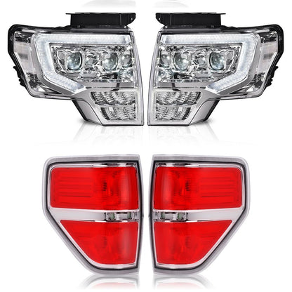 G-PLUS LED Left + Right Side Tube Headlights & Rear Tail Lights Compatible With 2009-2014 Ford F150 (Clear Lens Chrome Housing Headlights + Tail Lights)