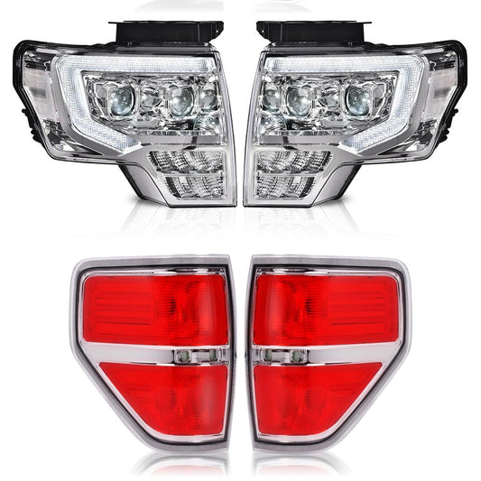 G-PLUS LED Left + Right Side Tube Headlights & Rear Tail Lights Compatible With 2009-2014 Ford F150 (Clear Lens Chrome Housing Headlights + Tail Lights)