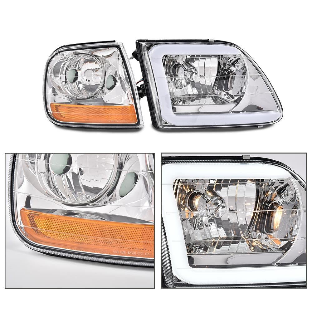 G-PLUS LED DRL Strip Headlights & Corner Parking Lights Fit Ford F150 1998-2003/Fit Ford Expedition 1997-2002/Fit 1997-1999 F250 Headlamps Clear Lens Chrome Housing Amber Reflector,faros delanteros