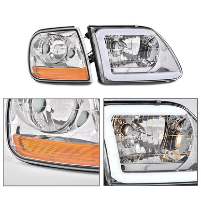 G-PLUS LED DRL Strip Headlights & Corner Parking Lights Fit Ford F150 1998-2003/Fit Ford Expedition 1997-2002/Fit 1997-1999 F250 Headlamps Clear Lens Chrome Housing Amber Reflector,faros delanteros