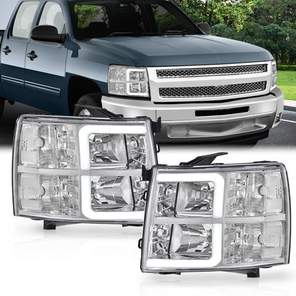 G-PLUS LED DRL Tube Projector Headlights W/o Bulbs Fit Chevy Silverado 1500 2007-2013/Fit Silverado 2500 HD 3500 HD 2007-2014 Clear Lens Chrome Housing Clear Reflector Bumper Headlamps