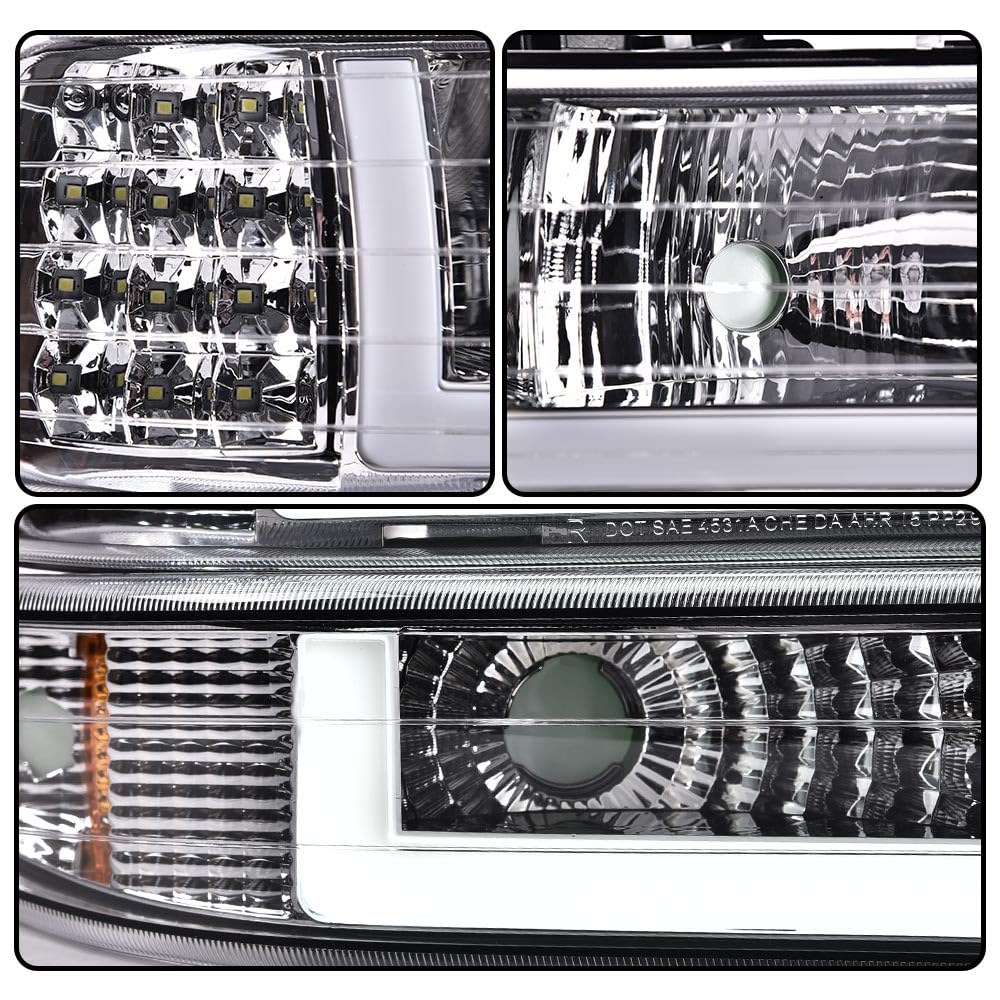 G-PLUS LED DRL Headlights Assembly Fit Chevy Silverado 1999-2002/Fit Tahoe Suburban 1500 2500 2000-2006 Clear Lens Chrome Housing Amber ReflectorBumper Headlamps,faros delanteros