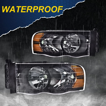 G-PLUS Headlights Assembly, Compatible with 2002 2003 2004 2005 Dodge Ram 1500 2500 3500 bumper Headlamp, Clear lens Black Housing Amber Reflector