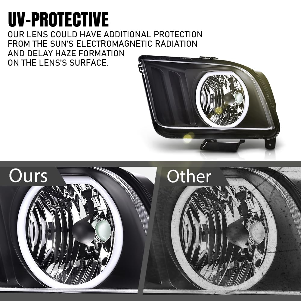 G-PLUS LED Headlights Assembly Compatible with Ford Mustang 2005-2009 7R3Z13008D, 7R3Z13008C Bumper Headlamps Left & Right Clear Lens Black Housing Amber Reflector faros delanteros