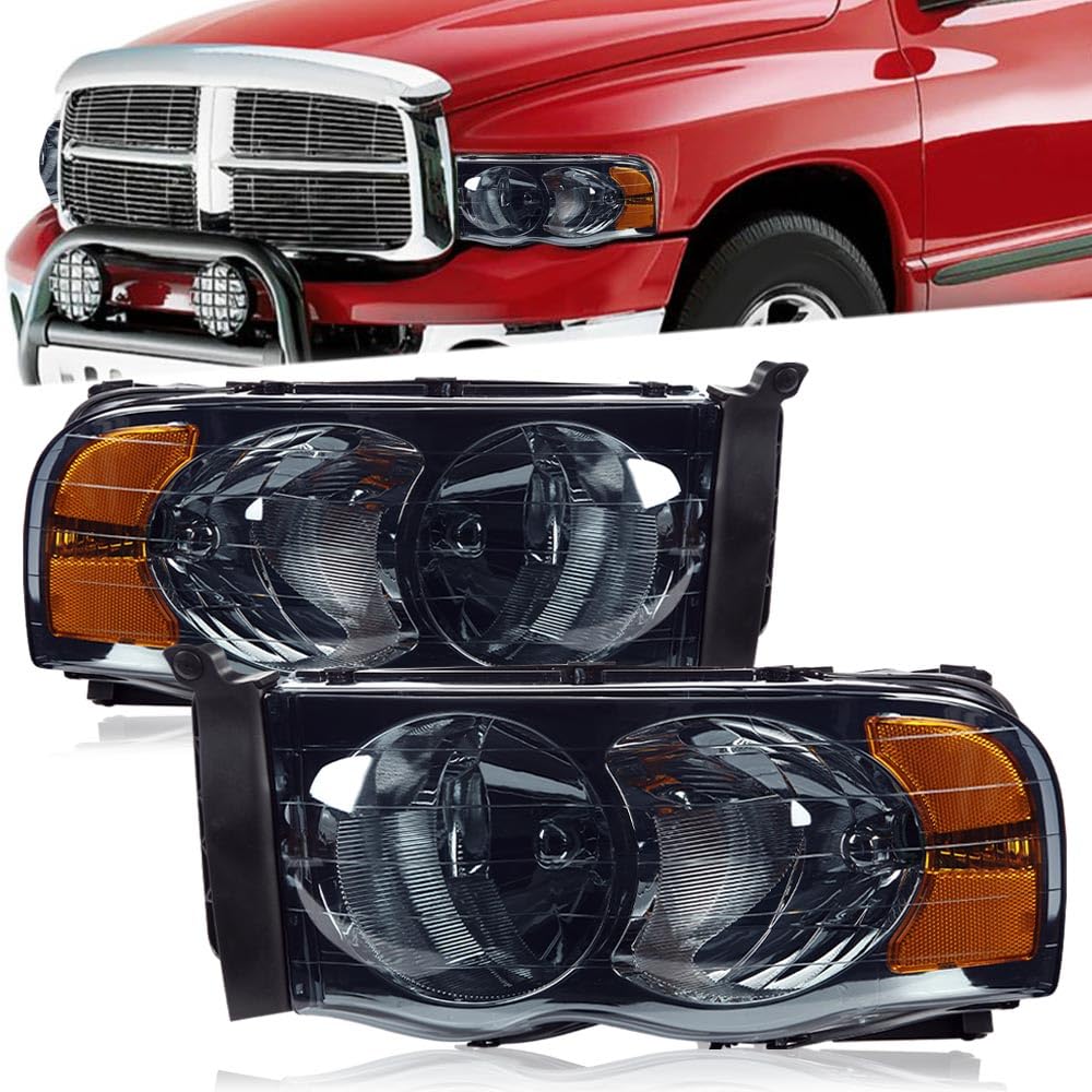G-PLUS Headlights Assembly, Compatible with 2002 2003 2004 2005 Dodge Ram 1500 2500 3500 Bumper Headlamp, Smoky Lens Chrome Housing Amber Reflector