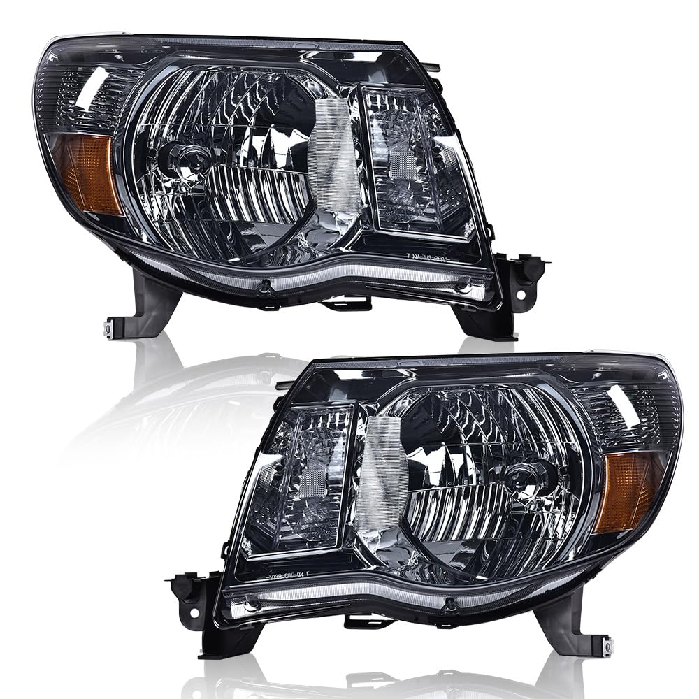 G-PLUS Headlights Assembly, Compatible with 2005 2006 2007 2008 2009 2010 2011 Toyota Tacoma Bumper Headlamps, Smoky Lens Chrome Housing Amber Reflector,faros delanteros