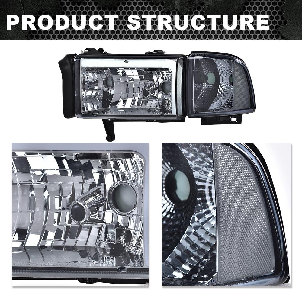 G-PLUS LED Headlights Assembly Fit Dodge Ram 1500 1994-2001/Fit Dodge Ram 2500 3500 1994-2002(Not fit Ram Sport) Headlamps w/o Bulbs Smoky Lens Chrome Housing Clear Reflector,faros delanteros