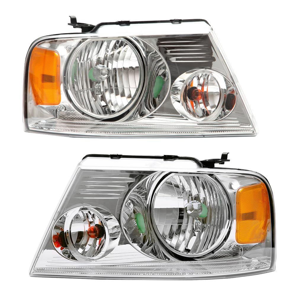 G-PLUS Headlights Assembly, Compatible with 2004-2008 Ford F150/ 2006-2008 Lincoln Mark Lt(NOT Compatible with 2004 F150 Heritage/Flareside Beds Models), Clear lens Chrome Housing Amber Reflector