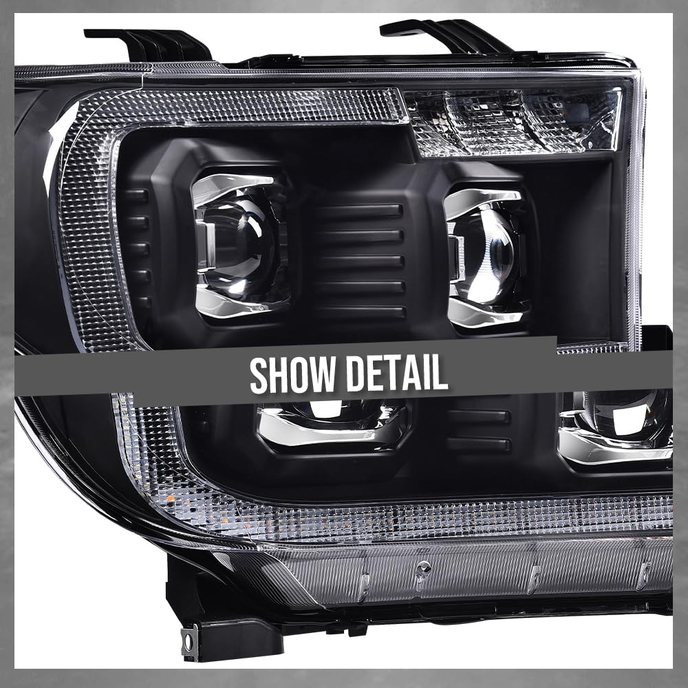G-PLUS LED Tube Headlights Projector Assembly Compatible with Toyota Tundra 2007-2013, Fit Toyota Sequoia 2008-2017 Left & Right Headlamps, Clear Lens Black Housing Amber Reflector, TO2502171