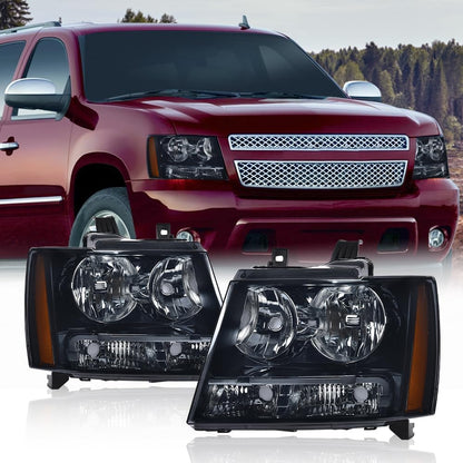 G-PLUS Headlights Assembly Compatible with Chevy Tahoe Subarban Avalanche 2007-2014 Set Pair Bumper Corner Headlamps Left & Right Smoky Lens Black Housing Amber Reflector,faros delanteros