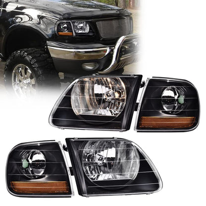 G-PLUS Headlights Assembly,Compatible with Ford Expedition 1997-2002/Fit Ford F150 1998-2003/Fit Ford F250 1988-1999 Bumper Headlamp,Clear lens Black Housing Amber Reflector Left & Right