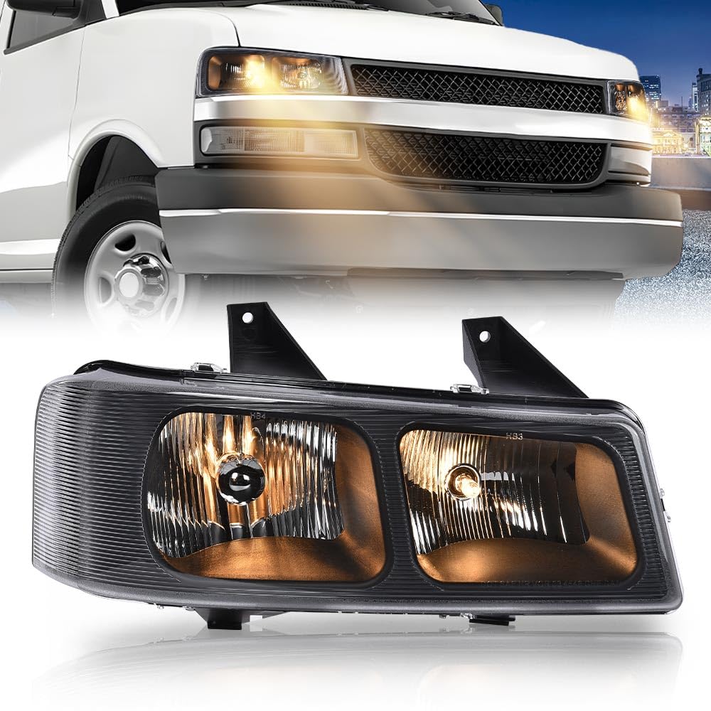G-PLUS Headlight w/Bulbs Fit Chevy Express GMC Savana 1500 2003-2014/2500 3500 4500 2003-2023,Right Headlamp Clear Lens Black Housing Amber Reflector Bumper Headlamps,faros delanteros Assembly