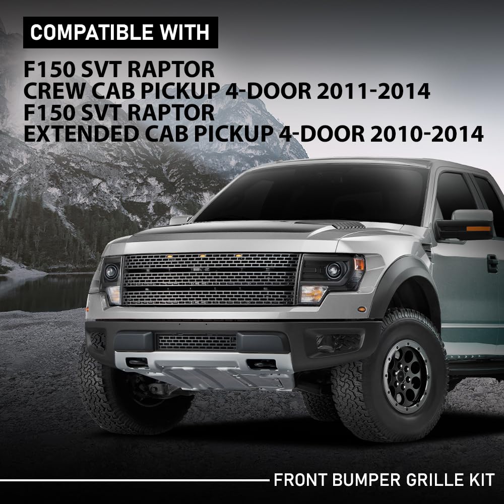 G-PLUS Front Bumper Grille Kit Compatible with Ford F150 SVT Raptor Crew Cab Pickup 4-Door 2011-2014 8PCS, AL3Z17757APTM AL3Z17E811A FO1042139, Black