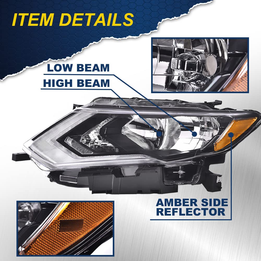 G-PLUS Headlights Assembly, Compatible with 2017 2018 2019 Nissan Rogue Left Bumper Headlamp, Clear Lens Chrome Housing Amber Reflector Bumper Headlamps