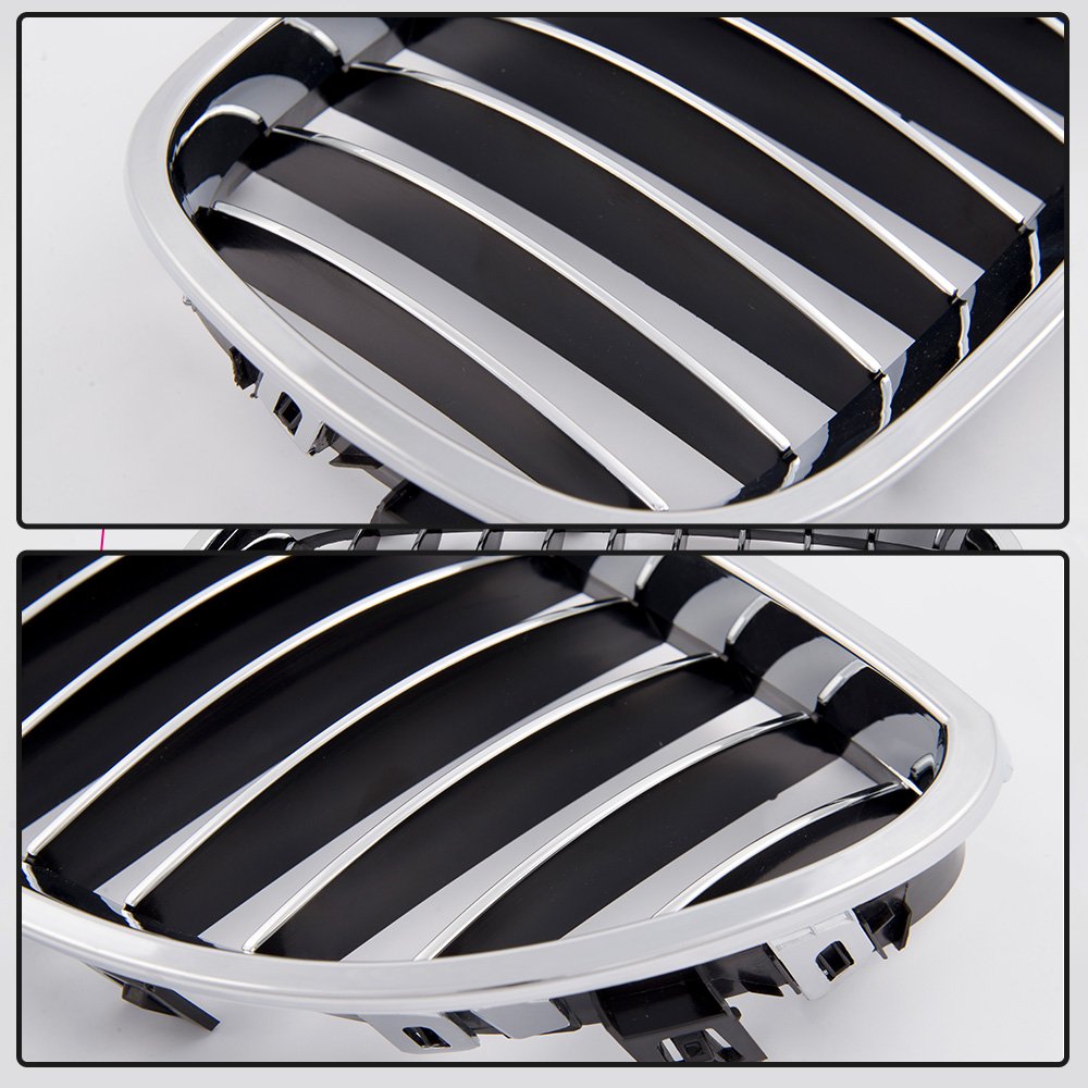 Left & Right Front Bumper Kidney Grilles Hood Grill Replacement For BMW E60 E61 5 Series M5 2003 2004 2005 2006 2007 2008 2009 2010 Silver