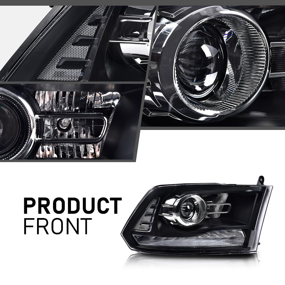 G-PLUS LED Projector Headlights Assembly Compatible with Dodge Ram 1500 2500 3500 2009-2012,Left & Right Pair Headlight Clear Lens Black Housing Clear Reflector,Front Headlamp Bar Plank Style