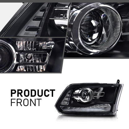 G-PLUS LED Projector Headlights Assembly Compatible with Dodge Ram 1500 2500 3500 2009-2012,Left & Right Pair Headlight Clear Lens Black Housing Clear Reflector,Front Headlamp Bar Plank Style
