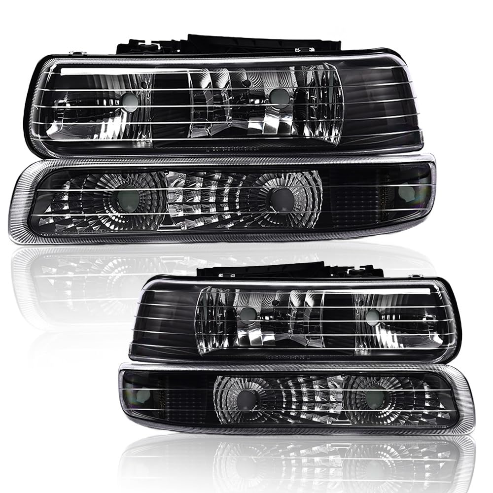 G-PLUS Headlight Assembly & LED 3rd Third Brake Light Compatible with Chevy Silverado GMC Sierra 1500 2500HD 3500 1999-2006 Chrome Housing Red & Clear Lens Black Housing Clear Reflector