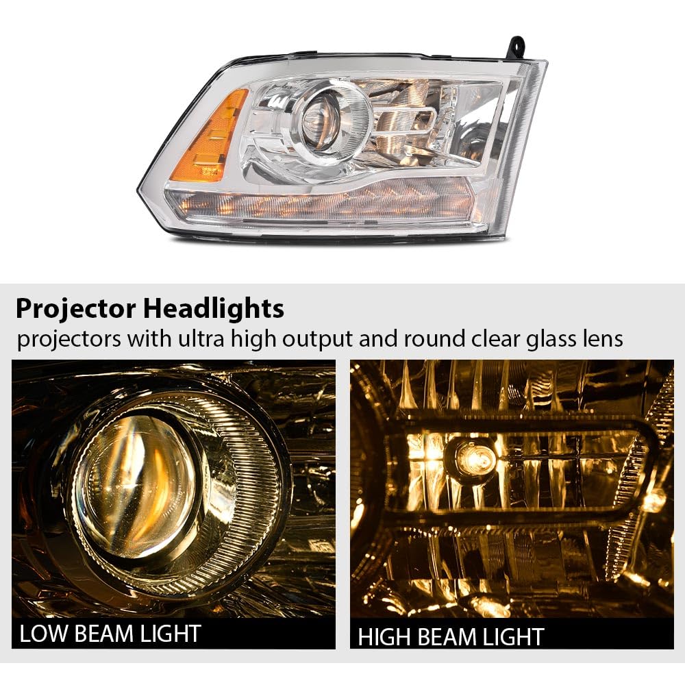 G-PLUS LED Bar Plank Style Headlights Fit for Dodge Ram 1500 2500 3500 2013-2018 Projector Headlamp,Fit Models w/Dual Beam& Quad Beam Models,Clear Lens Chrome Housing Amber Reflector