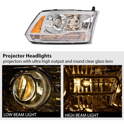 G-PLUS LED Bar Plank Style Headlights Fit for Dodge Ram 1500 2500 3500 2013-2018 Projector Headlamp,Fit Models w/Dual Beam& Quad Beam Models,Clear Lens Chrome Housing Amber Reflector