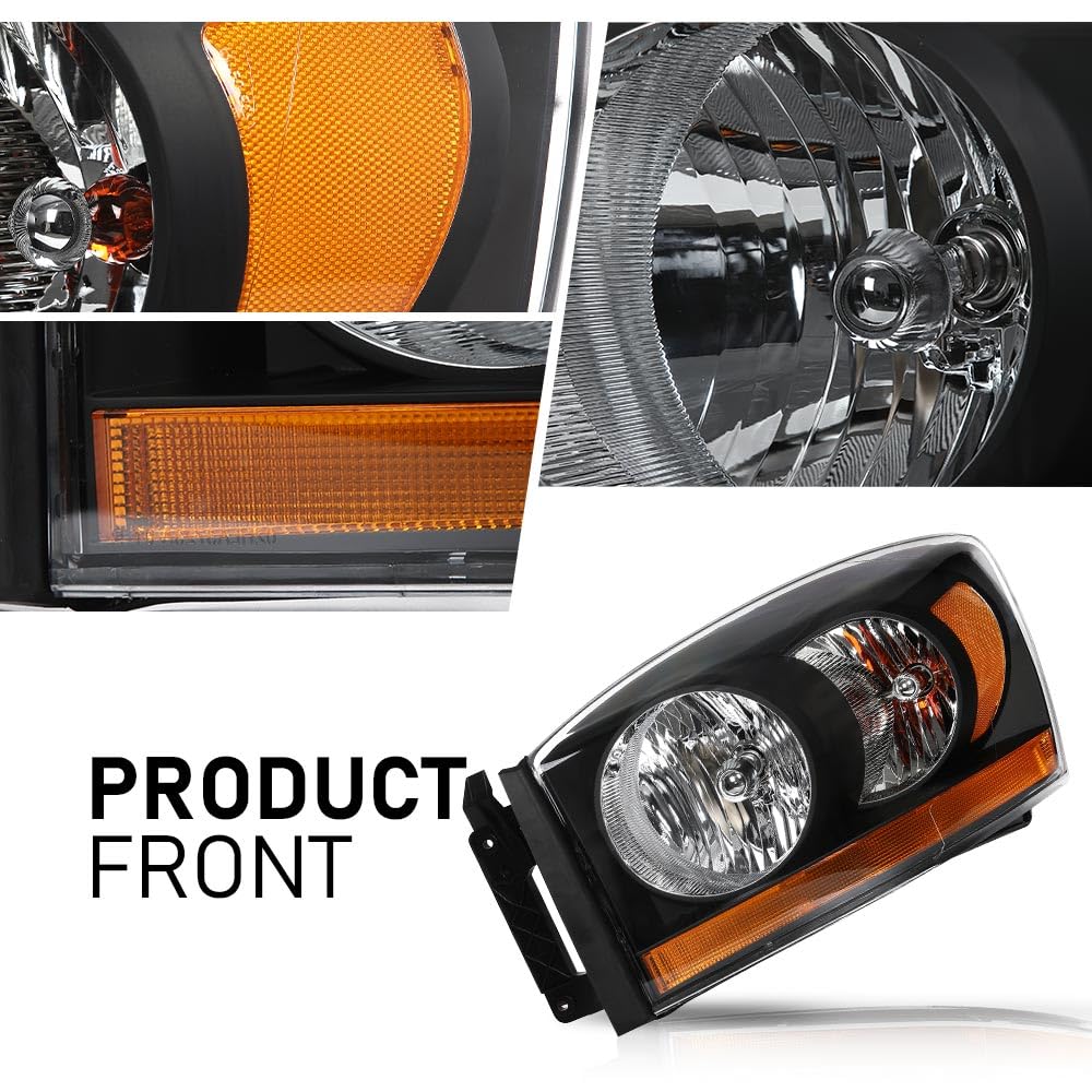 G-PLUS Headlights Assembly w/Bulbs Light Bar Left and Right Side Compatible with Dodge Ram 1500 2006-2008/Fit Dodge Ram 2500 3500 2006-2009 Clear Lens Black Housing Amber Reflector Faro