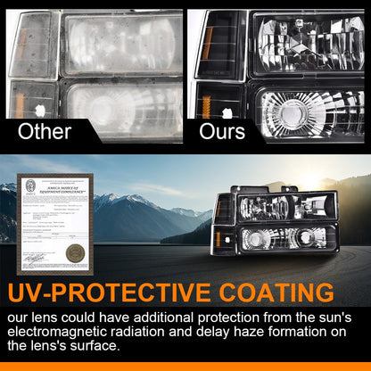 G-PLUS Headlights Assembly, Fit 1994 1995 1996 1997 1998 1999 GMC C1500 K1500 Yukon Bumper Headlamps, Clear Lens Black Housing Amber Reflector,faros delanteros