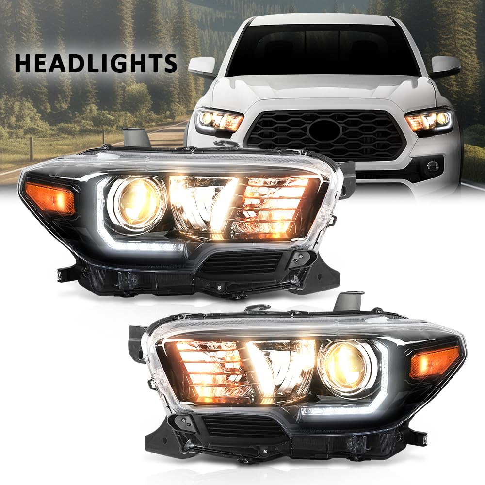 G-PLUS Headlights Assembly w/LED DRL Compatible with Toyota Tacoma 2016 2017 2018 2019 2020 2021 2022, Headlamps Clear Lens Black Housing Amber Reflector, TO2502244, TO2503244 faros delanteros