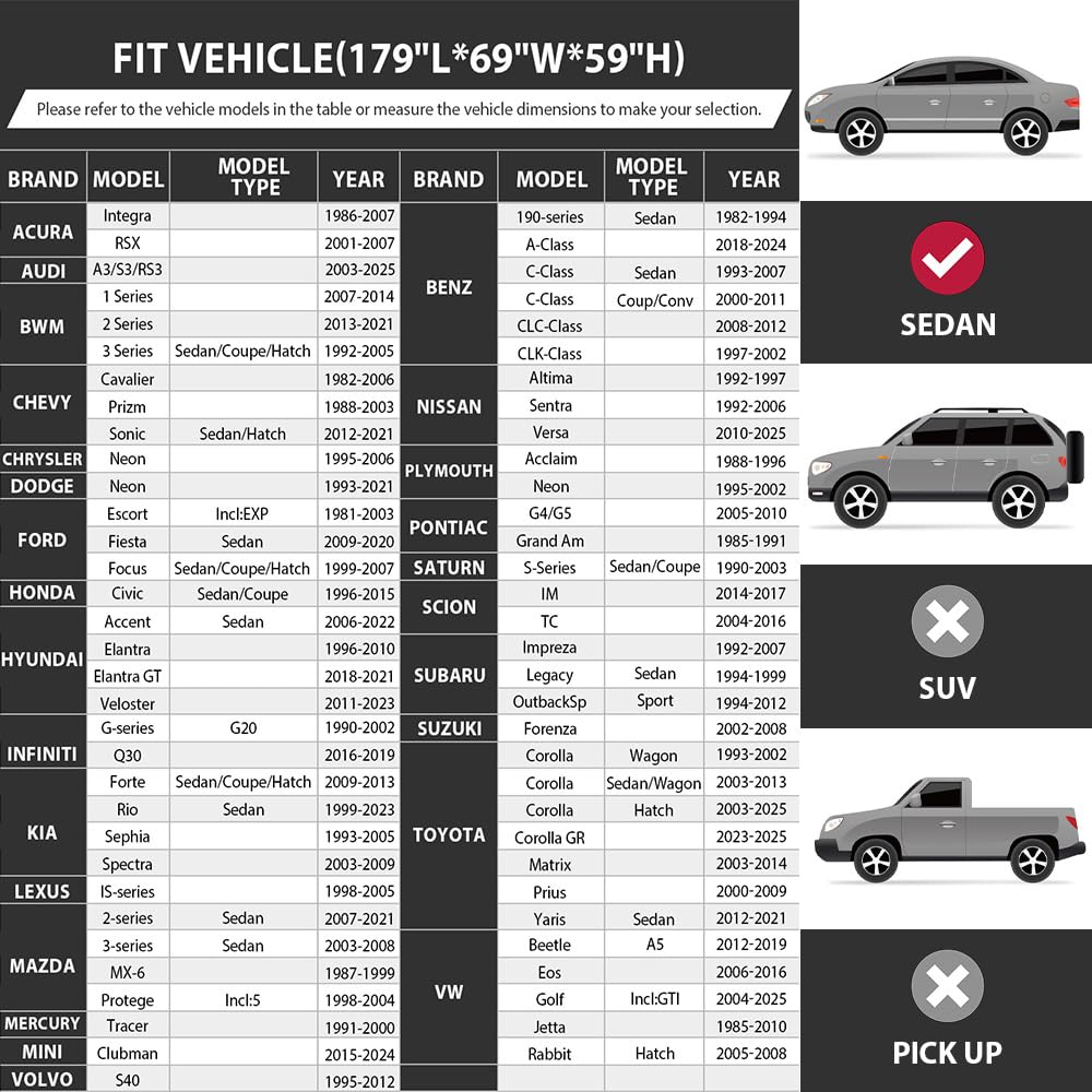 Heavy-Duty Car Cover Waterproof All Weather for Universal Sedan, Outdoor Rain Sun Snow UV Protection, Indoor Dust and Scratch Resistant 3M (179 * 69 * 59 inch)