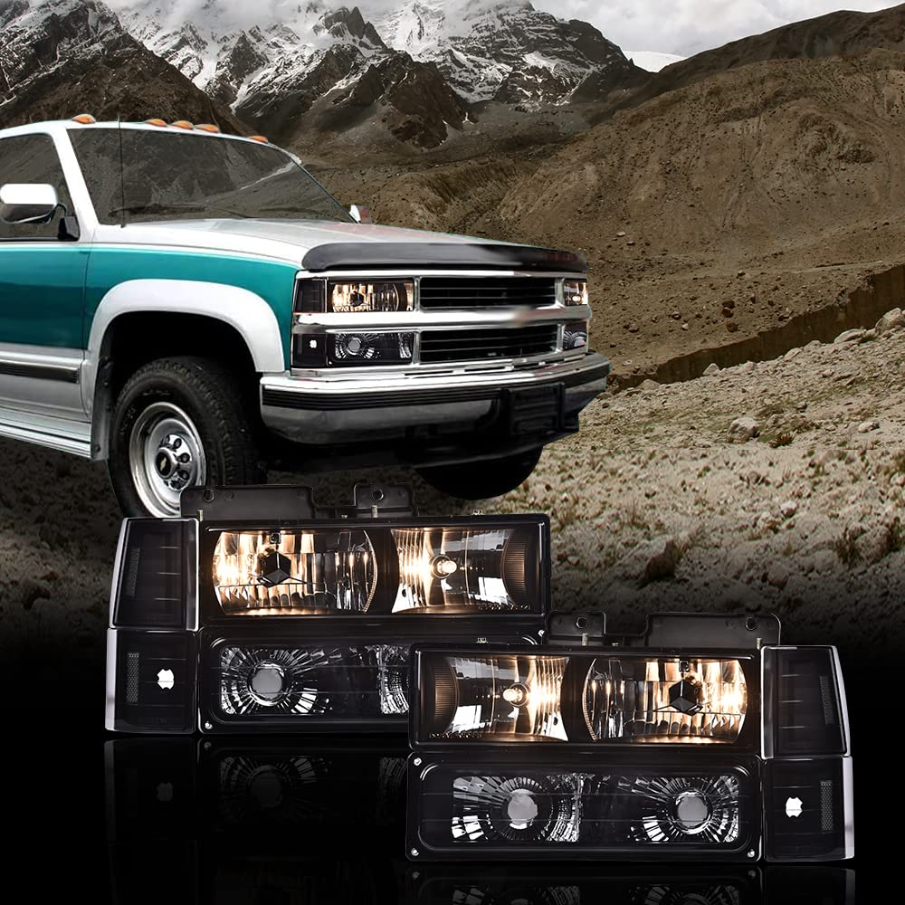 G-PLUS Headlights Assembly, Fit 1994 1995 1996 1997 1998 1999 GMC C1500 K1500 Yukon Bumper Headlamps, Smoky Lens Black Housing Clear Reflector