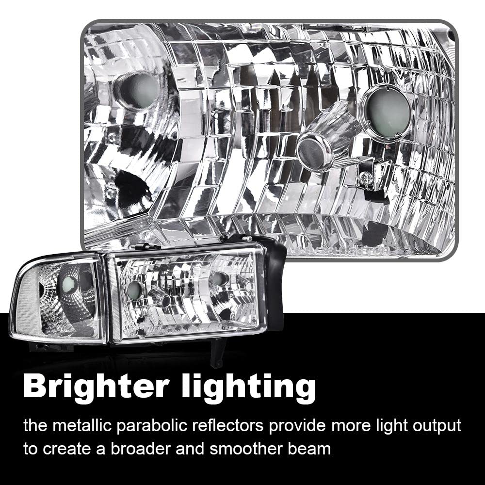 G-PLUS Headlights Fit Dodge Ram 1500 1994-2001/Fit Dodge Ram 2500 3500 1994-2002 Clear Lens Chrome Housing Clear Reflector Bumper Headlamps w/o Bulbs,faros delanteros Assembly