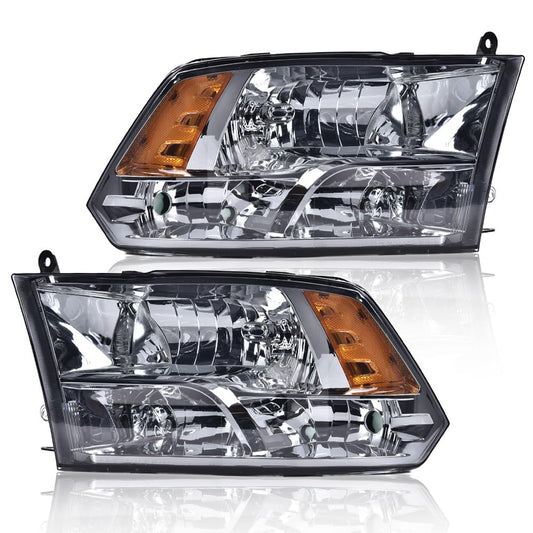 G-PLUS Quad Headlights Fit Dodge Ram 1500-3500 (2009-2012 New Body) - Smoky Lens, Chrome Housing, Amber Reflector Bumper Headlamps,faros delanteros Assembly