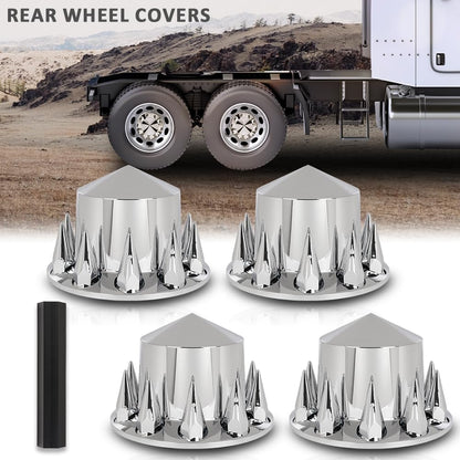 G-PLUS Rear Wheel Cover Axle 33mm Spiked Hub Cover Kit Removable Caps Compatible with Semi-Trucks 22.5" and 24.5" Wheels ABS Chrome Semi Truck Hub Covers