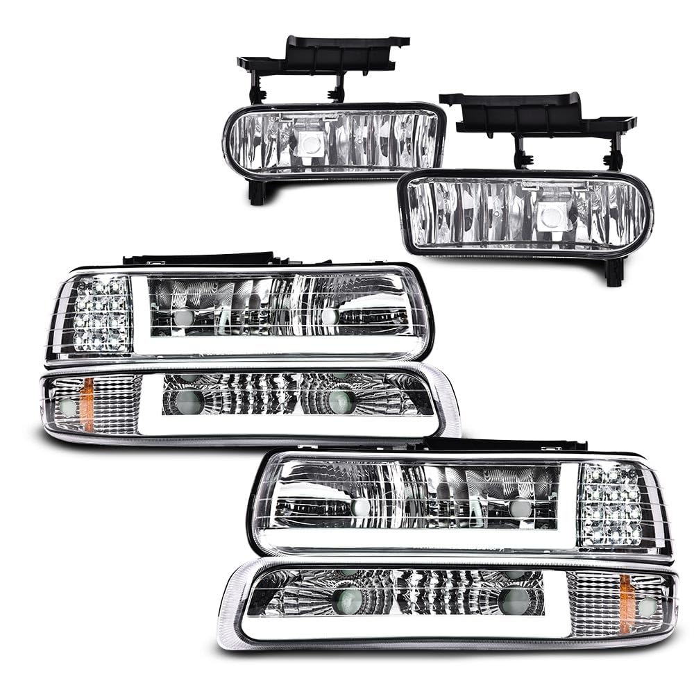 G-PLUS LED DRL Headlights & Fog Lights Compatible With 1999-2002/Chevy Silverado 1500/2500 2000-2006/Suburban Tahoe 1500 2500 Headlamps & Fog Lamps 6pcs Chrome Housing Amber Reflector,faros delanteros