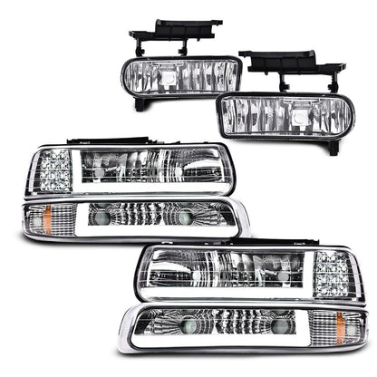 G-PLUS LED DRL Headlights & Fog Lights Compatible With 1999-2002/Chevy Silverado 1500/2500 2000-2006/Suburban Tahoe 1500 2500 Headlamps & Fog Lamps 6pcs Chrome Housing Amber Reflector,faros delanteros
