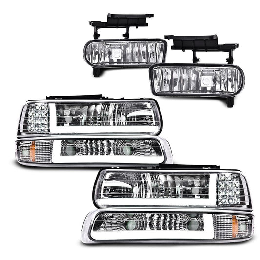 G-PLUS LED DRL Headlights & Fog Lights Compatible With 1999-2002/Chevy Silverado 1500/2500 2000-2006/Suburban Tahoe 1500 2500 Headlamps & Fog Lamps 6pcs Chrome Housing Amber Reflector,faros delanteros