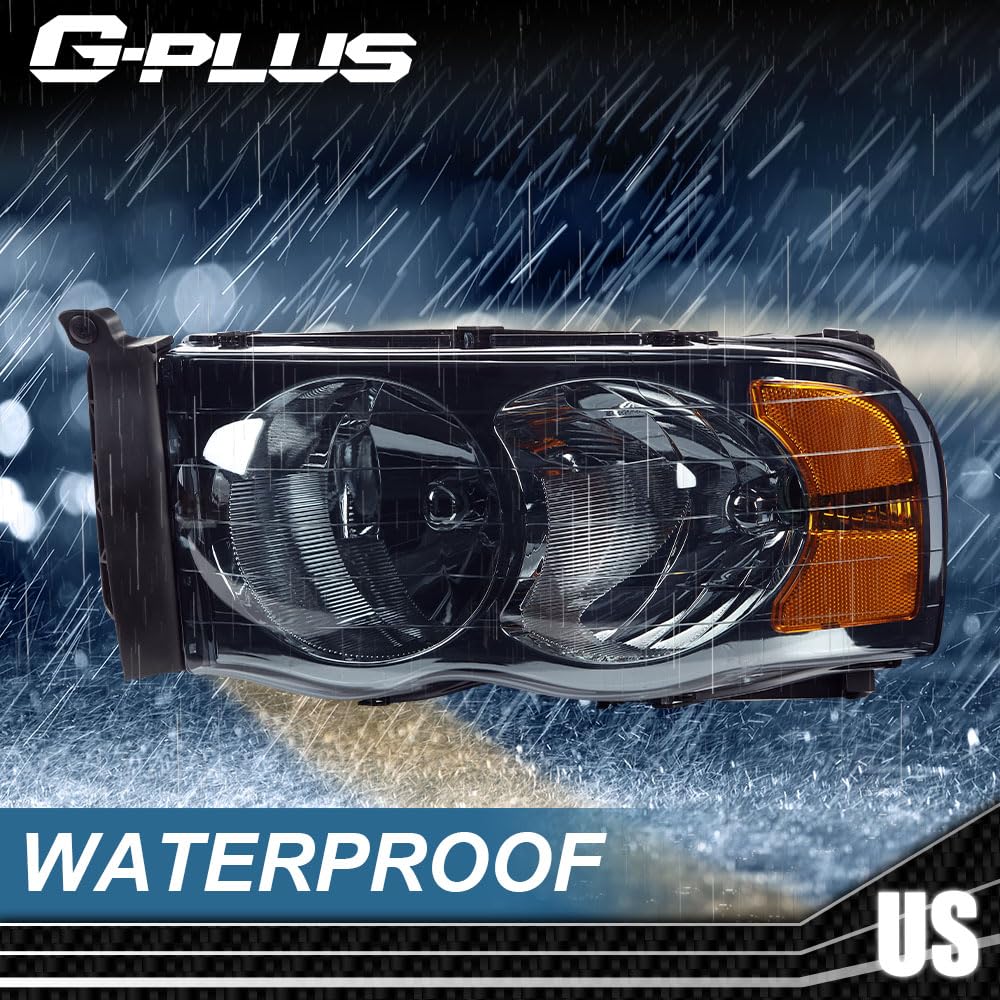 G-PLUS Headlights Assembly Compatible with Dodge Ram 1500 2500 3500 2002-2005 Bumper Headlamp, Smoky Lens Chrome Housing Amber Reflector