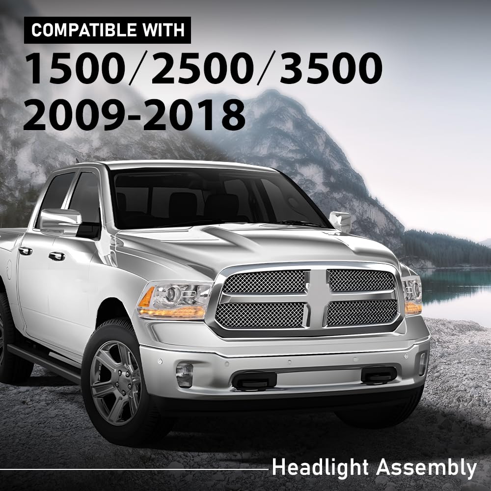 G-PLUS LED Projector Headlights,Compatible with 2009-2012 Dodge Ram 1500 2500 3500,Front Headlamps Assembly &Conversion Harness,Clear Lens Chrome Housing Amber Reflector,faros delanteros